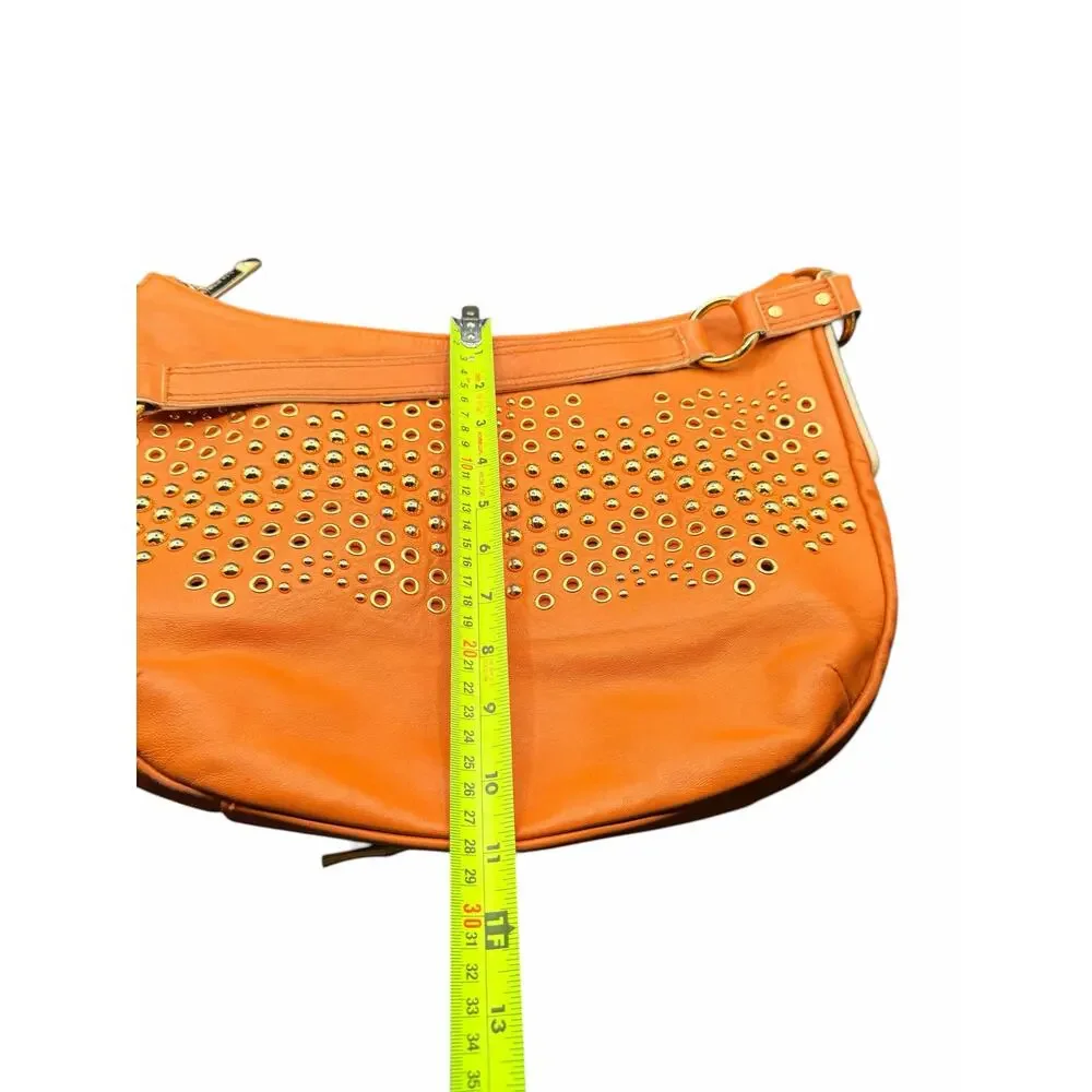 Via Spiga Orange Leather Studded Hobo Shoulder Bag Boho Gold Studs